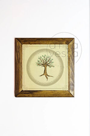 Masif Ahşap Çerçeveli Taş Tablo Pano 26 x 26 cm - Ağaç Model 5