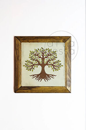 Masif Ahşap Çerçeveli Taş Tablo Pano 26 x 26 cm - Ağaç Model 6