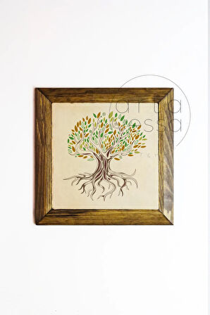 Masif Ahşap Çerçeveli Taş Tablo Pano 16 x 16 cm - Ağaç Model 7