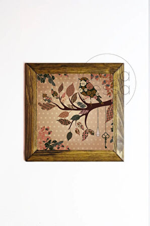 Masif Ahşap Çerçeveli Taş Tablo Pano 26 x 26 cm - Bahar ve Kuşlar 8