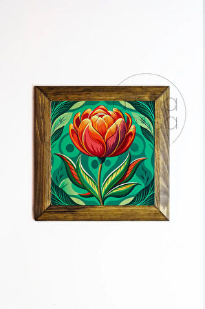 Masif Ahşap Çerçeveli Taş Tablo Pano 26 x 26 cm - Bahar ve Çiçek 1