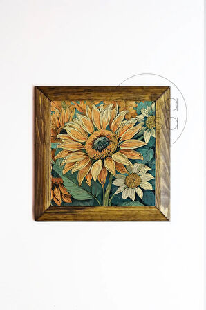 Masif Ahşap Çerçeveli Taş Tablo Pano 26 x 26 cm - Bahar ve Çiçek 2