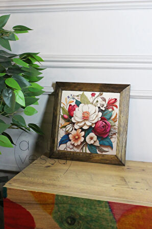 Masif Ahşap Çerçeveli Taş Tablo Pano 16 x 16 cm - Bahar ve Çiçek 3