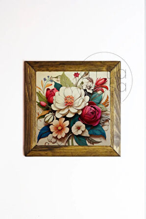 Masif Ahşap Çerçeveli Taş Tablo Pano 16 x 16 cm - Bahar ve Çiçek 3