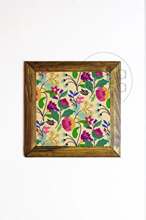 Masif Ahşap Çerçeveli Taş Tablo Pano 16 x 16 cm - Bahar ve Çiçek 4