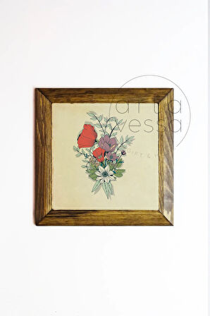 Masif Ahşap Çerçeveli Taş Tablo Pano 16 x 16 cm - Bahar ve Çiçek 6