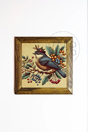 Masif Ahşap Çerçeveli Taş Tablo Pano 26 x 26 cm - Bahar ve Kuşlar 2