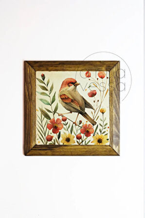 Masif Ahşap Çerçeveli Taş Tablo Pano 16 x 16 cm - Bahar ve Kuşlar 3