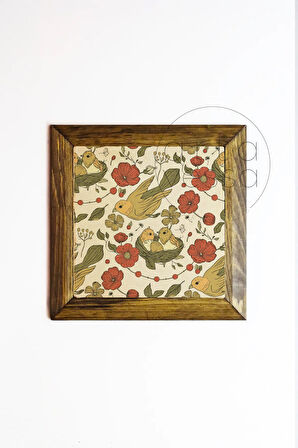 Masif Ahşap Çerçeveli Taş Tablo Pano 26 x 26 cm - Bahar ve Kuşlar 4