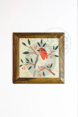 Masif Ahşap Çerçeveli Taş Tablo Pano 16 x 16 cm - Bahar ve Kuşlar 5