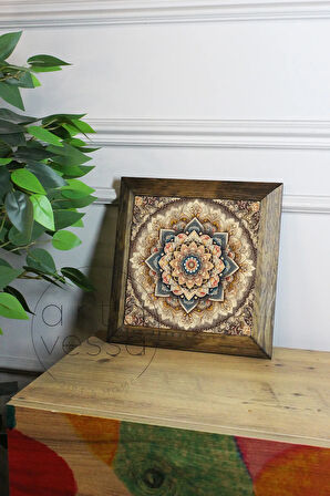 Masif Ahşap Çerçeveli Taş Tablo Pano 16 x 16 cm - Mandala 1