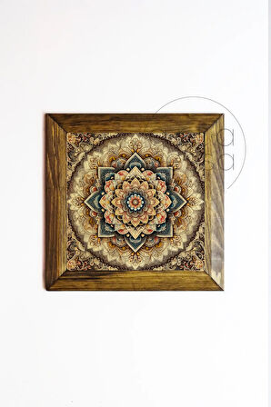 Masif Ahşap Çerçeveli Taş Tablo Pano 16 x 16 cm - Mandala 1