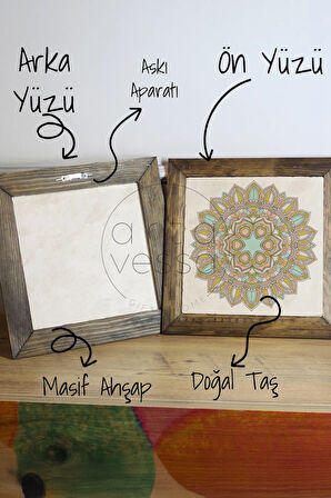 Masif Ahşap Çerçeveli Taş Tablo Pano 16 x 16 cm - Mandala 2
