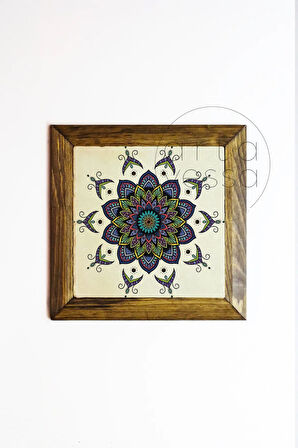 Masif Ahşap Çerçeveli Taş Tablo Pano 26 x 26 cm - Mandala 3