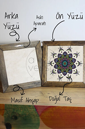 Masif Ahşap Çerçeveli Taş Tablo Pano 26 x 26 cm - Mandala 3