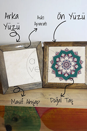 Masif Ahşap Çerçeveli Taş Tablo Pano 16 x 16 cm - Mandala 4