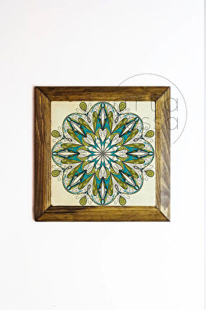 Masif Ahşap Çerçeveli Taş Tablo Pano 26 x 26 cm - Mandala 5