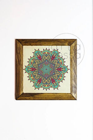 Masif Ahşap Çerçeveli Taş Tablo Pano 26 x 26 cm - Mandala 6