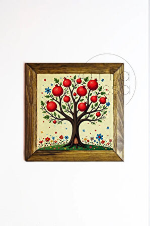 Masif Ahşap Çerçeveli Taş Tablo Pano 26 x 26 cm - Nar Bereket Ağacı