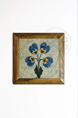 Masif Ahşap Çerçeveli Taş Tablo Pano 26 x 26 cm - Ebru Sanatı 1