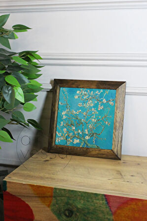 Masif Ahşap Çerçeveli Taş Tablo Pano 26 x 26 cm - Vincent Van Gogh-Almond Blossom