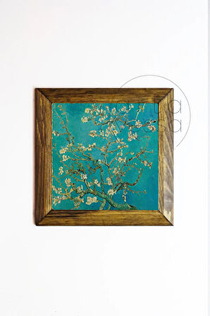 Masif Ahşap Çerçeveli Taş Tablo Pano 26 x 26 cm - Vincent Van Gogh-Almond Blossom