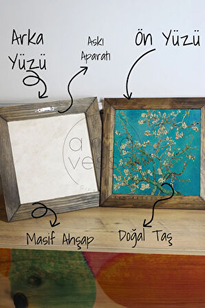 Masif Ahşap Çerçeveli Taş Tablo Pano 26 x 26 cm - Vincent Van Gogh-Almond Blossom