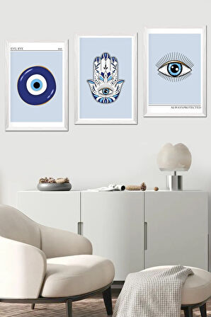 3 Parça Beyaz Çerçeve Görünümlü MDF Poster Tablo Seti - Set 01