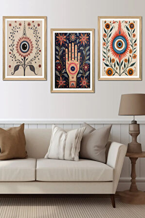 3 Parça Ahşap Çerçeve Görünümlü MDF Poster Tablo Seti - Set 02