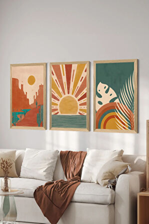 3 Parça Ahşap Çerçeve Görünümlü MDF Poster Tablo Seti - Set 13
