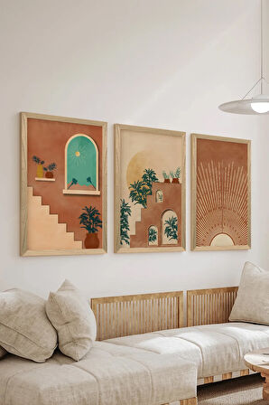 3 Parça Ahşap Çerçeve Görünümlü MDF Poster Tablo Seti - Set 27