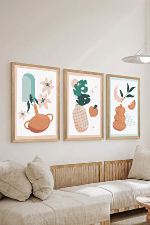 3 Parça Ahşap Çerçeve Görünümlü MDF Poster Tablo Seti - Set 125