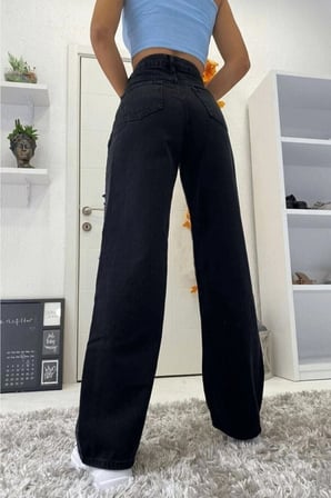 Duryn Kadın Siyah Tanya Siyah Salaş Plazzo Rahat Kesim Kadın Jeans Pantolon