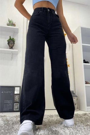 Duryn Kadın Siyah Tanya Siyah Salaş Plazzo Rahat Kesim Kadın Jeans Pantolon