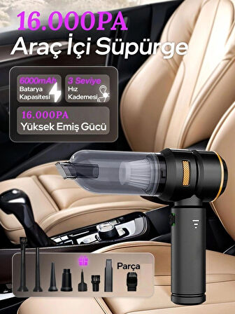 Güçlü Vakumlu Oto Şarjlı El Süpürgesi Çok Fonksiyonlu 3 Kademeli Araba Süpürgesi 16000PA 6000mAh