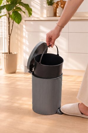 Porsima 0709 Stil 3lü Yuvarlak Pedallı İçi Kovalı Çöp Kovası Seti - Banyo Mutfak Çöp Kovası Antrasit