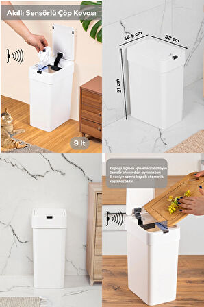 Porsima Me-06 Hareket Sensörlü Sessiz Kapatma Çöp Kutusu Banyo Mutfak Çöp Kovası Kapaklı Banyo Çöp Kovası 2 adet AA Pil 9LT