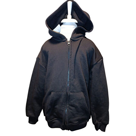 Erkek Çocuk Siyah Kapüşonlu Fermuarlı Baskısız Sweatshirt