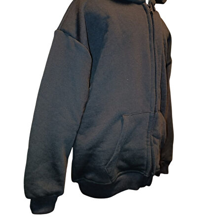 Erkek Çocuk Siyah Kapüşonlu Fermuarlı Baskısız Sweatshirt