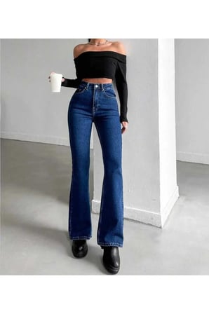 Sena Lacivert İspanyol Yüksek Bel Toparlayıcı İspanyol Paça Solmaz Jeans Pantolon