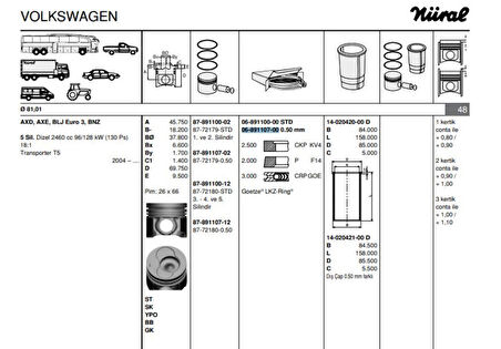 Vag Motor Segmanı Takım (1 Pistonluk) / (81,50mm 0,50) 2,5tdi Crafter Lt28 / 35 / 46 Transporter T4 / T5 - Goetze 68911070g