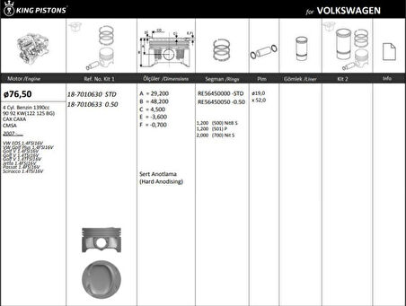 Vag Piston+segman (77,01mm 0,50) Golf V VI Superb Yeti A1 A3 Altea Leon Toledo IV Octavıa Rapıd Jetta II - Kingpiston 18-7010633
