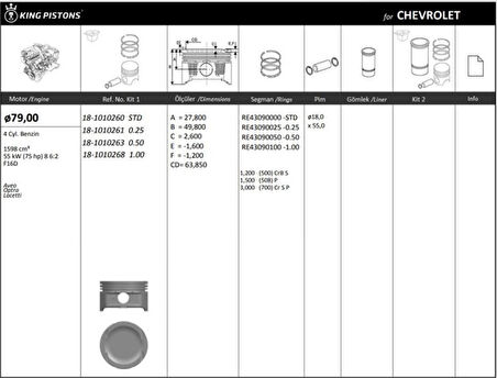 Chevrolet Motor Piston+segmanı ( Riken ) 79,00+1mm Cap Aveo Optra Lacetti F16d R 4 Petrol-1598 Cm³-55 Kw (75 H - Kingpiston 18-1010268