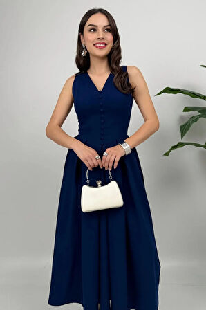 Nora Kadın Şık Ofis, Günlük ve Davet Lacivert Elbise – Rahat ve Modern Tasarım