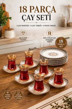Porsima Yasemin Ahlat 18 Parça 6 Kişilik Otantik Desenli Porselen Pasta ve Çay Takımı Seti