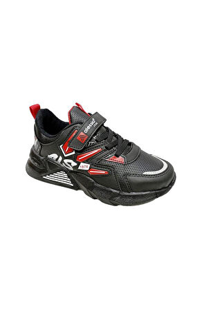 Alessio 049 Deri Sneakers Çocuk Spor Ayakkabı 31-35 Siyah Kırmızı