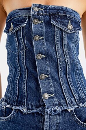 Kadın Mavi Renk Wide Leg Fit Önü Düğmeli Straplez Denim Tulum