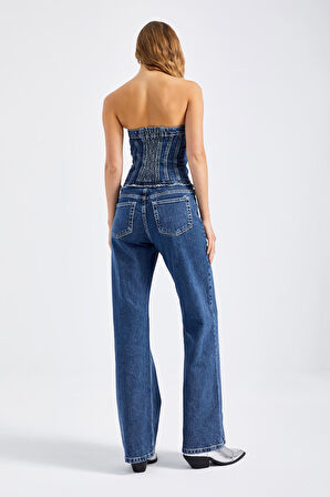 Kadın Mavi Renk Wide Leg Fit Önü Düğmeli Straplez Denim Tulum