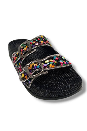 Pienn 20057-001 Anatomik Fashion Taşlı  Kadın Terlik Siyah Multi