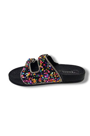 Pienn 20057-001 Anatomik Fashion Taşlı  Kadın Terlik Siyah Multi